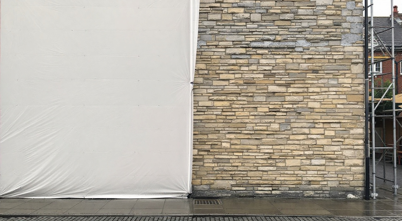 Façade à moitié ravalée, moitié gauche enduite et moitié droite à nu, protégée par une bâche déportée