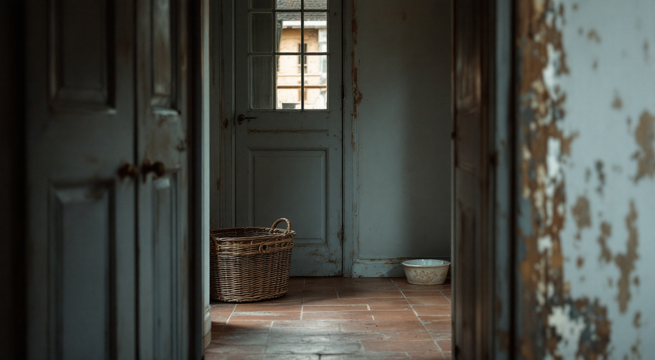 Pièce arrière d'une maison avec panier et gamelle, porte fermée pendant un chantier de façade