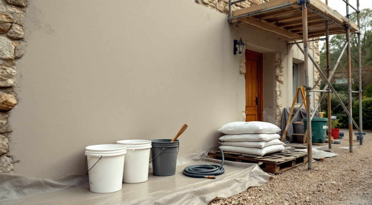 Poste de gâchage installé au pied d'une façade en cours de ravalement, seaux, malaxeur et sacs sur palette bâchée