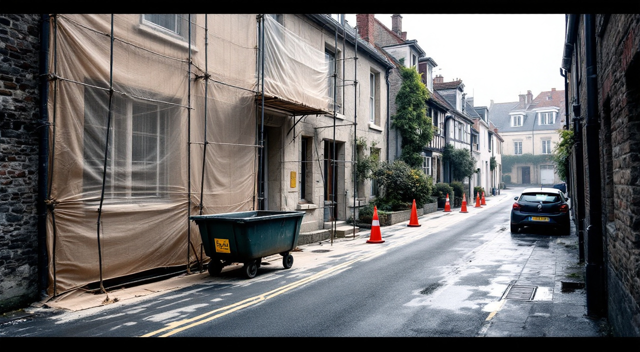 Rue étroite bordée d'un chantier de façade échafaudé, avec passage piéton rétréci par des cônes et voiture couverte de poussière