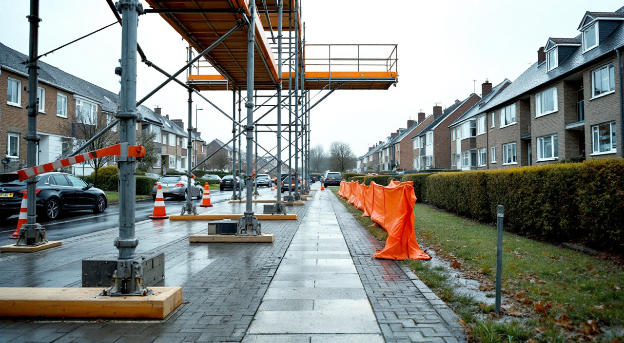 Pied d'échafaudage protégé au bord d'un cheminement piéton dévié par des barrières lestées, au pied d'un immeuble bas.