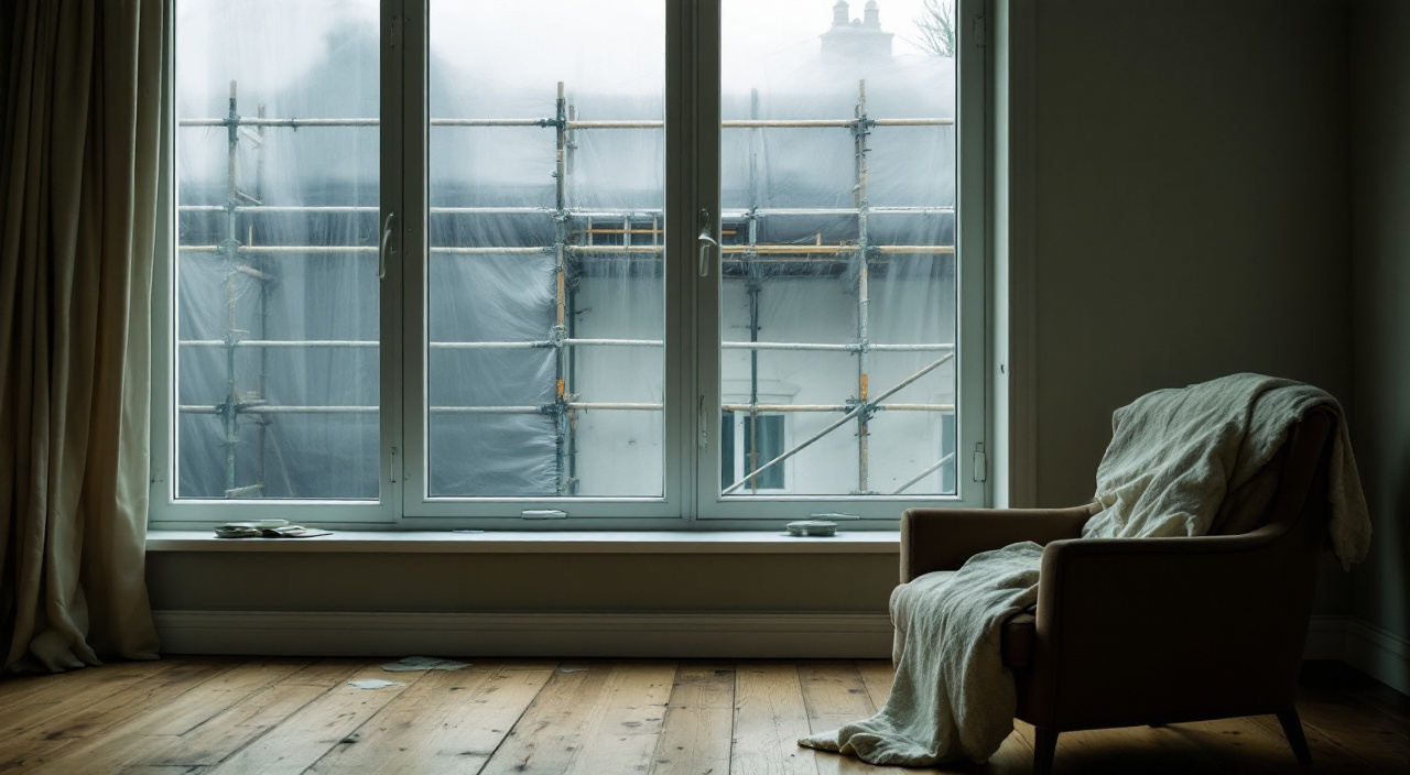 Vue depuis l'intérieur d'un logement occupé : fenêtre fermée, tubes d'échafaudage et bâche translucide devant la façade