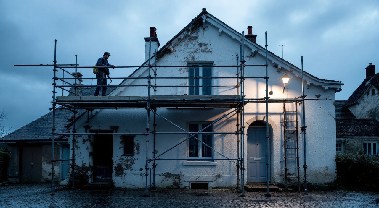 Échafaudage de façade au crépuscule, échelle du premier niveau déposée et cadenassée, planchers vides